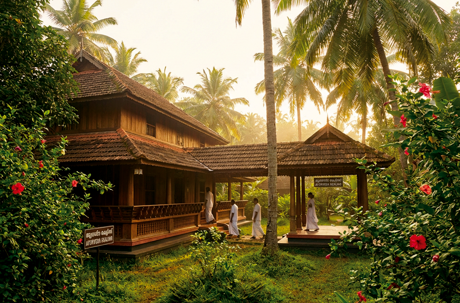 Serene Ayurveda retreat setting in Kerala India with traditional buildings and tropical gardens