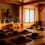 Buddhist meditation retreat hall with cushions, Buddha statue, and altar with candles