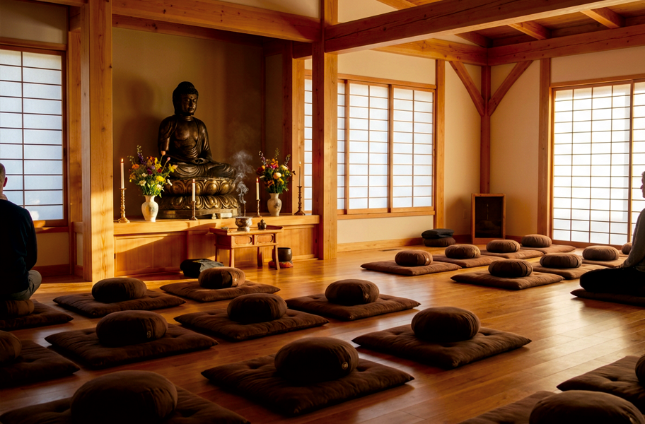 Buddhist meditation retreat hall with cushions, Buddha statue, and altar with candles