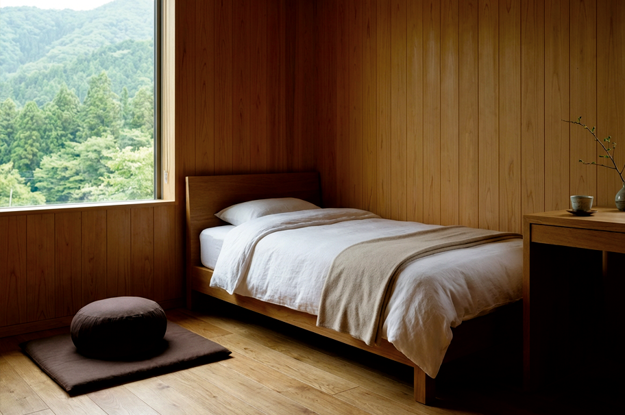 Simple Buddhist retreat accommodation room with bed, meditation cushion, and window with nature view