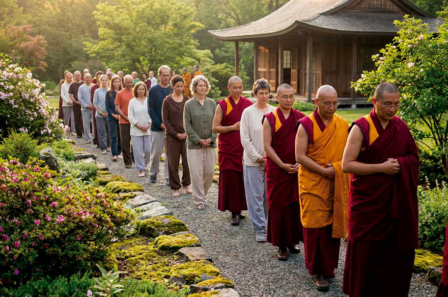 Group doing walking meditation outdoors at Buddhist retreat center in morning light