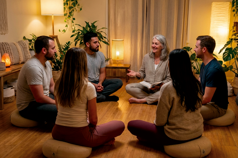 Small group spiritual teaching circle with diverse students and teacher in meditation space