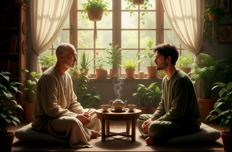 Spiritual teacher in genuine one-on-one conversation with student in warm peaceful setting