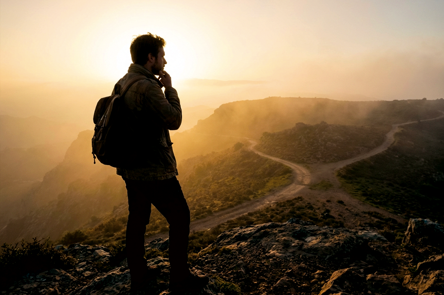 A person in contemplation looking at horizon at sunrise, moment of inner reflection and discernment