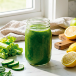 Fresh detox green juice surrounded by celery, cucumber, spinach and ginger