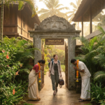 Person arriving at beautiful Ayurveda retreat center walking through entrance with tropical gardens