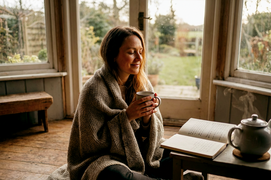 Person in peaceful integration after breathwork session with tea and journal