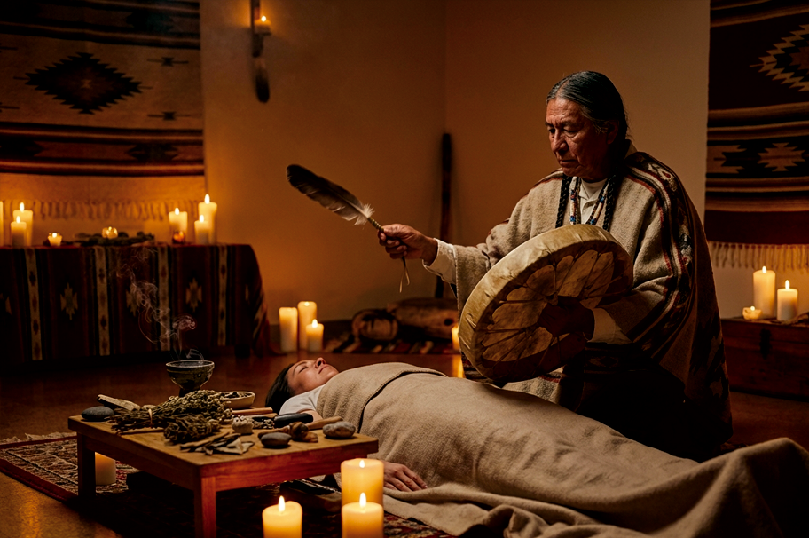 Shaman performing healing ritual with drum and sacred objects