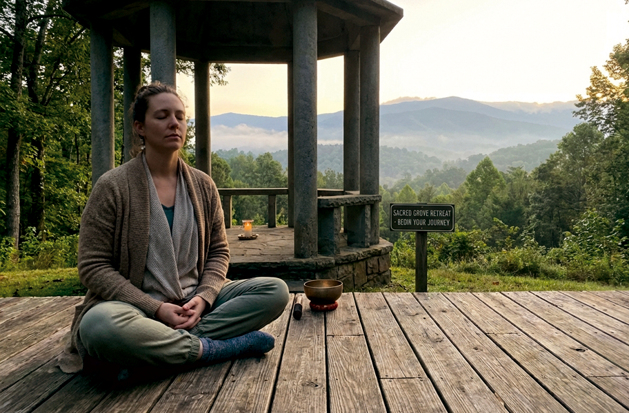 Person sitting in peaceful contemplation at spiritual retreat center with beautiful natural setting