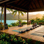 Beautiful outdoor yoga deck overlooking tropical scenery with yoga mats arranged for first yoga retreat