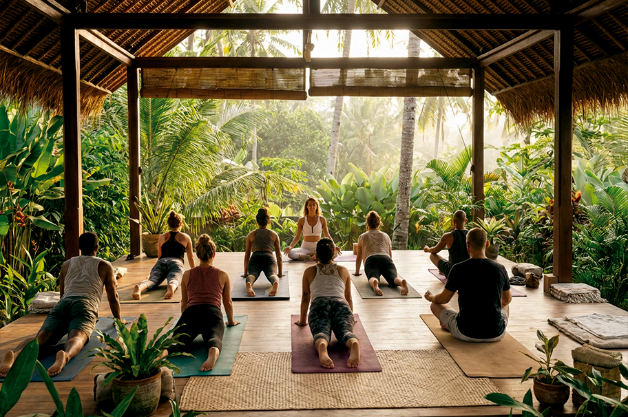 Group yoga class in open-air tropical pavilion surrounded by jungle