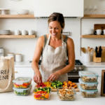 Person meal prepping healthy food at home kitchen after returning from weight loss retreat