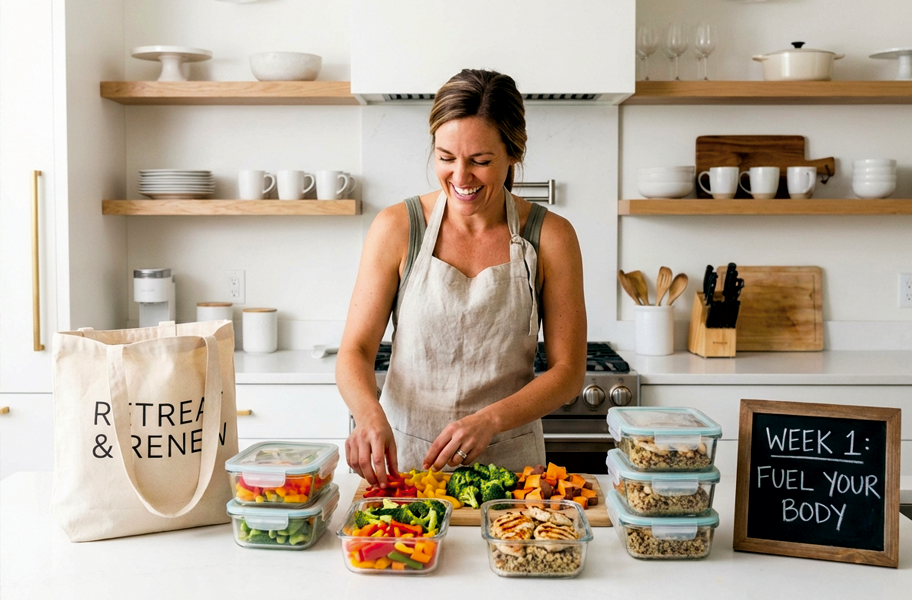 Person meal prepping healthy food at home kitchen after returning from weight loss retreat
