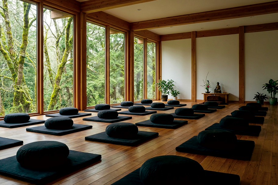 Peaceful meditation hall interior with cushions and forest view