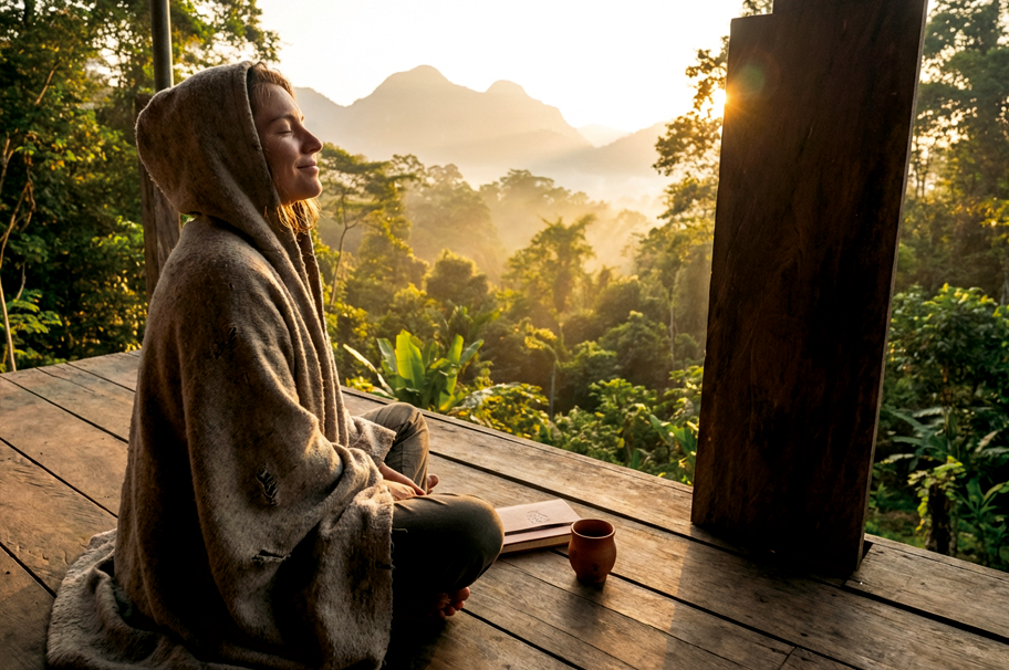 Person wrapped in blanket watching sunrise after ayahuasca ceremony in peaceful contemplation