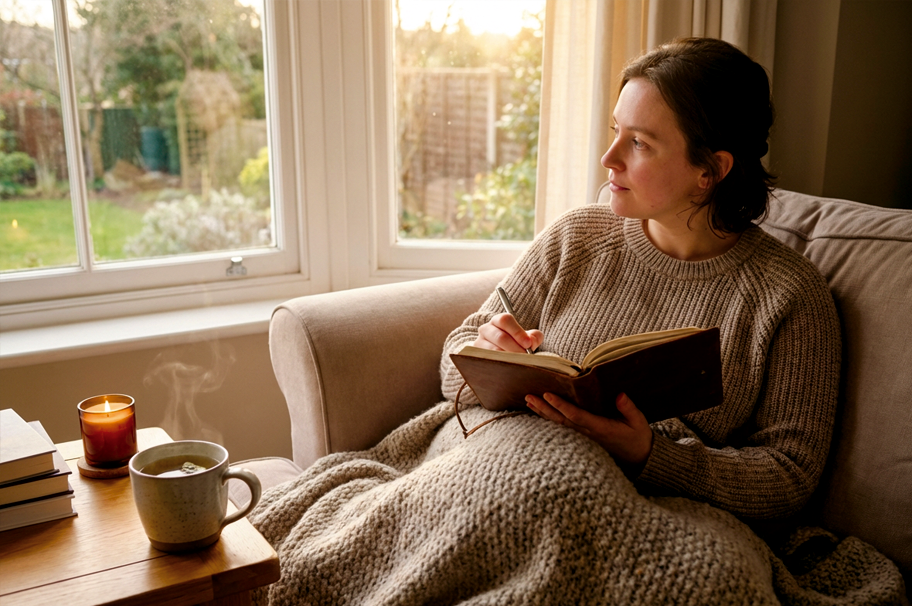 Person journaling at home preparing emotionally for healing retreat