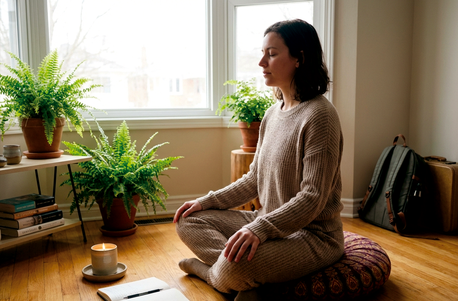Person meditating at home to prepare for healing retreat journey