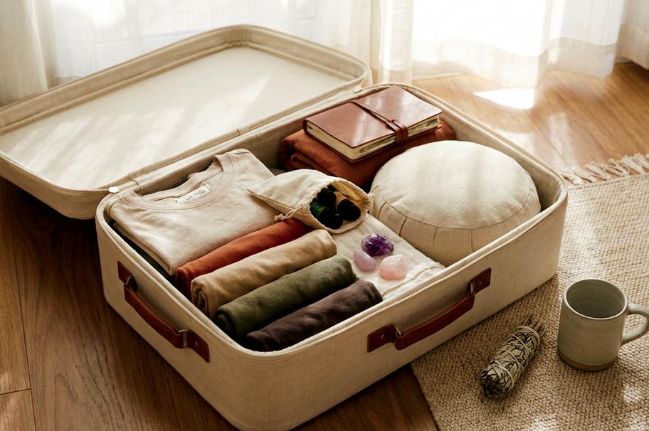 Minimalist packing for healing retreat with journal and comfort items