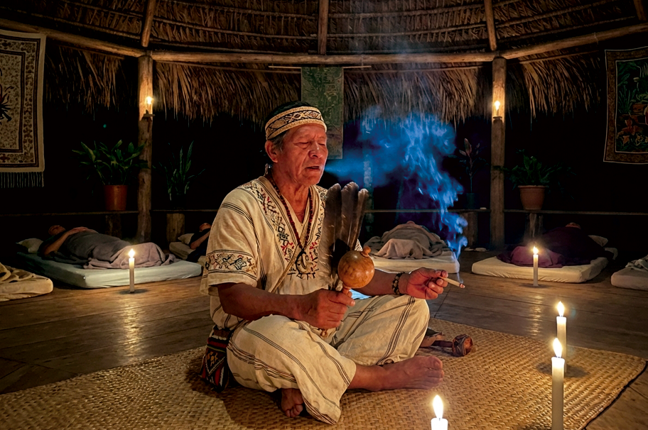 A shaman singing icaros during ayahuasca ceremony with ceremonial rattle in candlelit maloca