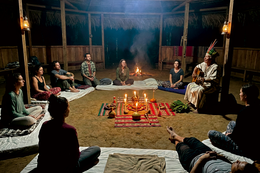 Ayahuasca ceremony in traditional maloca setting