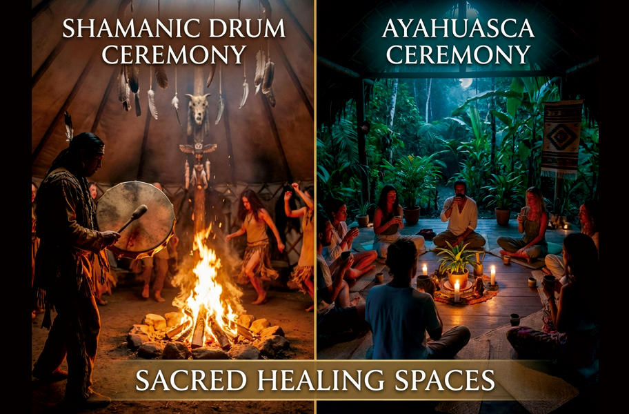 Visual comparison of shamanic drum ceremony and ayahuasca ceremony for shamanic vs ayahuasca retreats guide