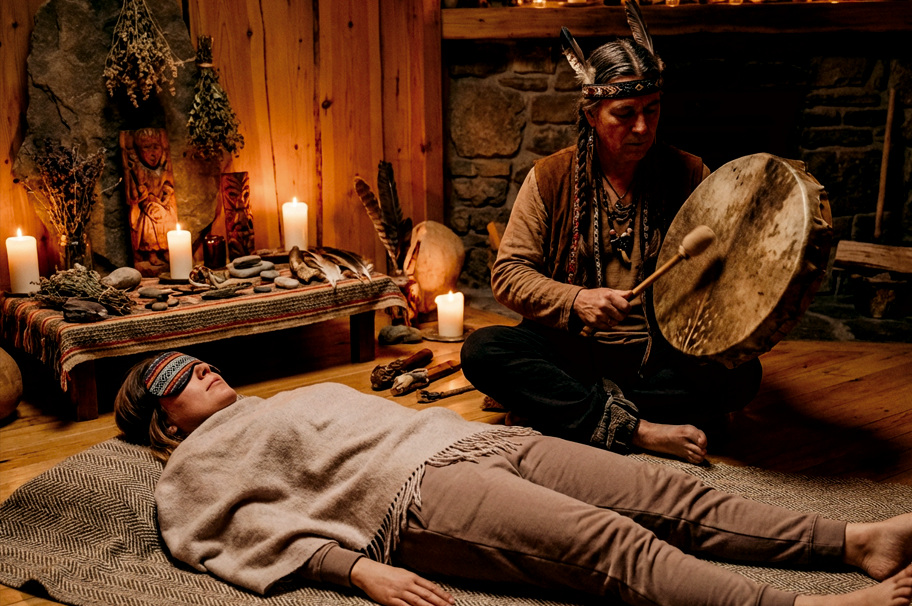 Traditional shamanic drum journey ceremony with practitioner