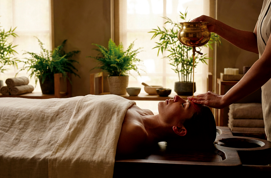 Shirodhara Panchakarma treatment with warm oil being poured on forehead