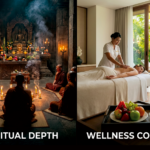 Visual comparison of spiritual retreat sacred space and wellness retreat spa setting