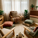 Safe therapeutic space at trauma-informed retreat with comfortable healing environment