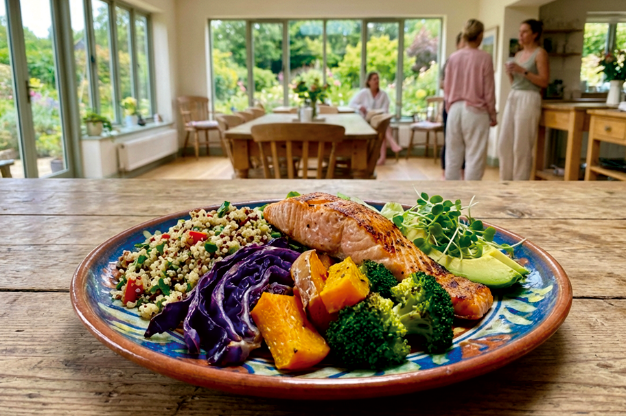 Healthy colorful meal at wellness retreat with fresh vegetables and lean protein
