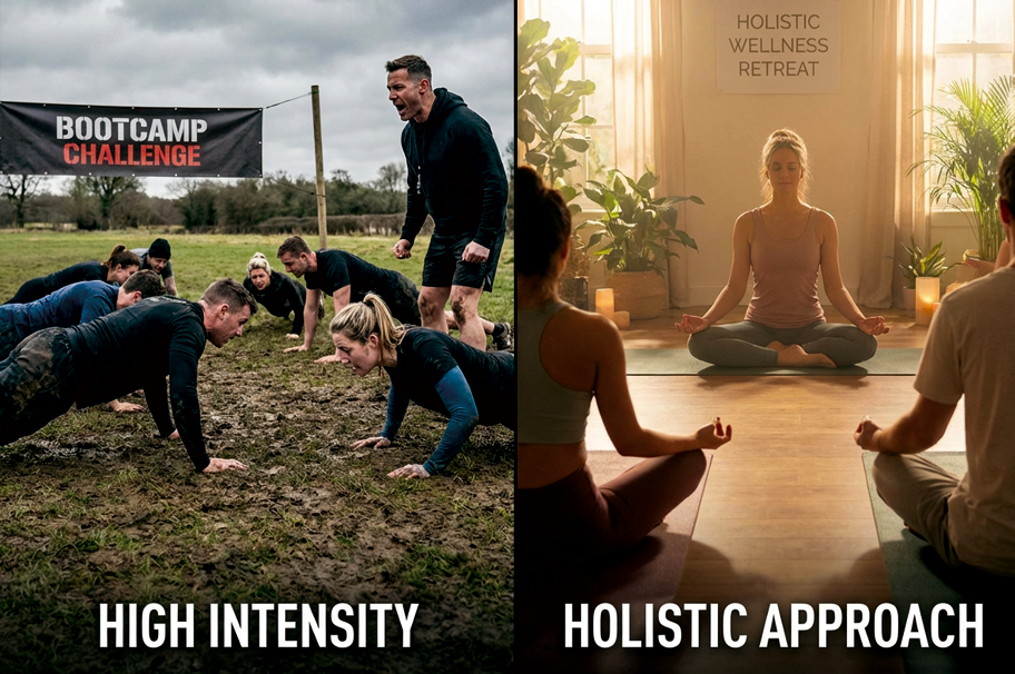 Comparison showing contrast between intense bootcamp and peaceful wellness retreat approaches