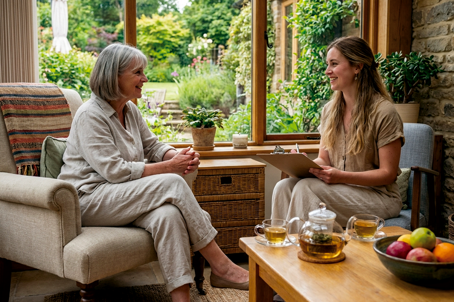 Mature woman having wellness consultation with practitioner at retreat