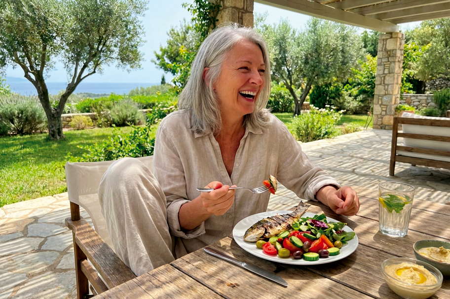 Woman in her 50s enjoying a healthy, colorful meal at wellness retreat