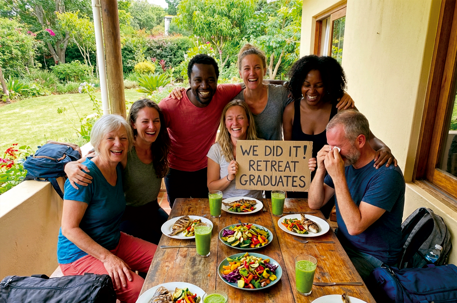 Final week celebration at weight loss retreat with group celebrating together
