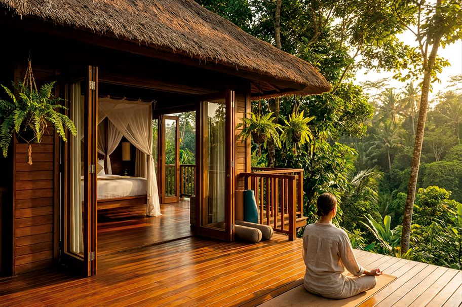 Luxury treehouse bungalow accommodation at yoga retreat in Bali