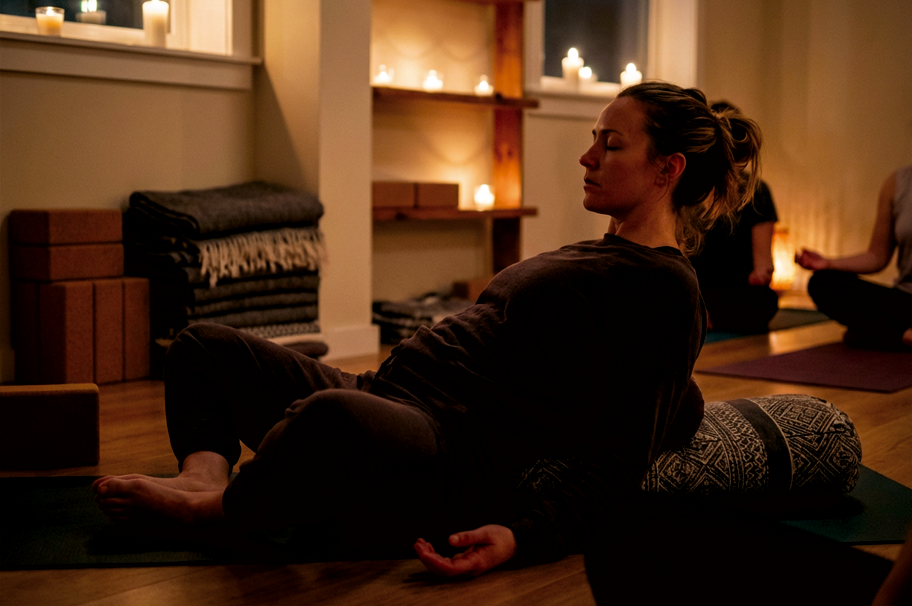 Peaceful yin yoga practice with woman in deep hip stretch using props