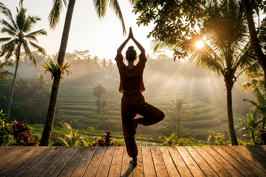 Woman practicing yoga at sunrise overlooking Bali rice terraces