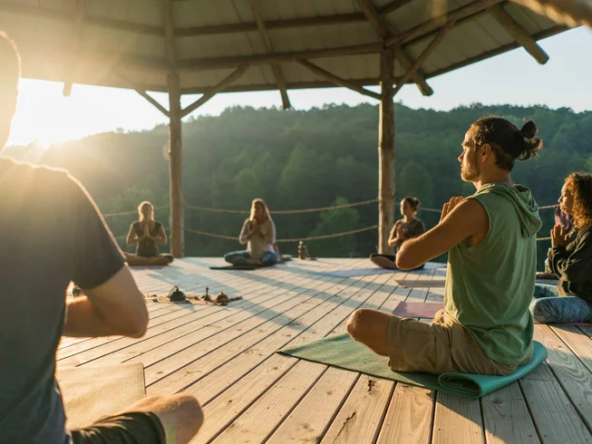 Morning yoga session at Seven Springs Retreats in the foothills of the Great Smoky Mountains Tennessee